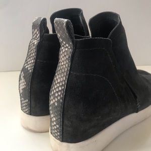 Ladies gray suede bootie sneaker w/ snakeskin trim